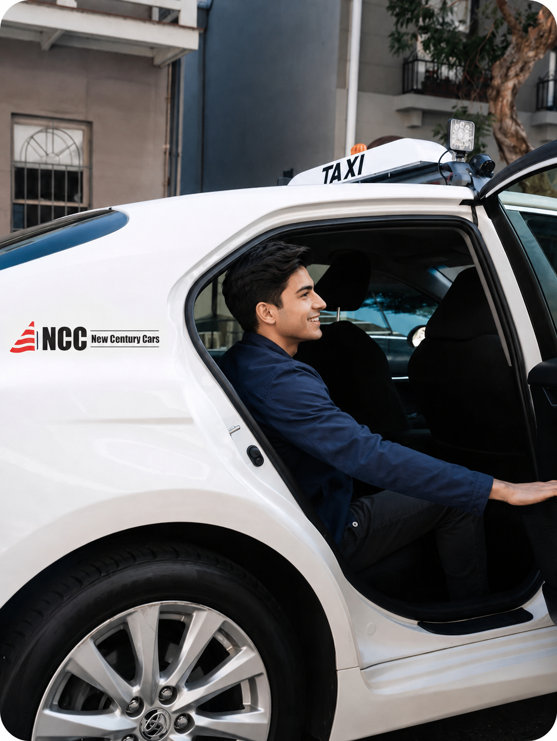Business traveller stepping into a New Century Cars executive vehicle